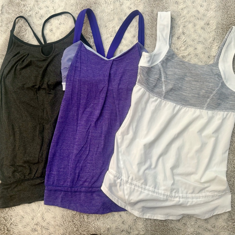 lululemon athletica Trio of White, Violet, and Gray Tank Tops